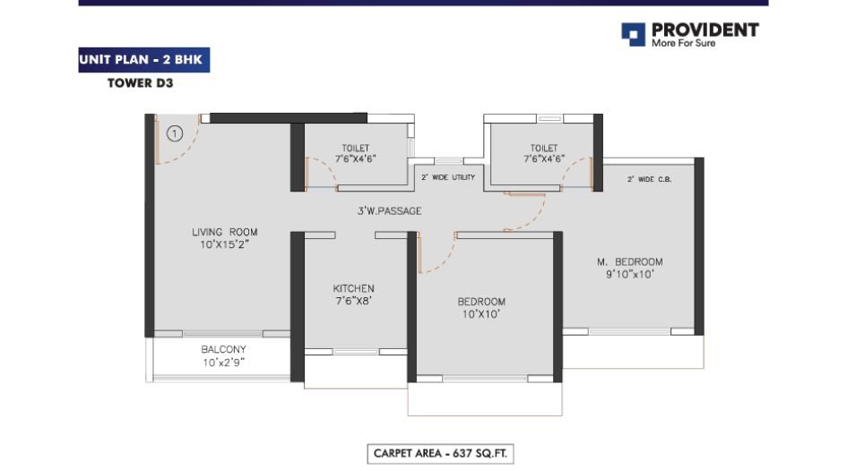 Puravankara-Provident-palm-Vista-Floor-Plan-2 BHK-637 Sqft